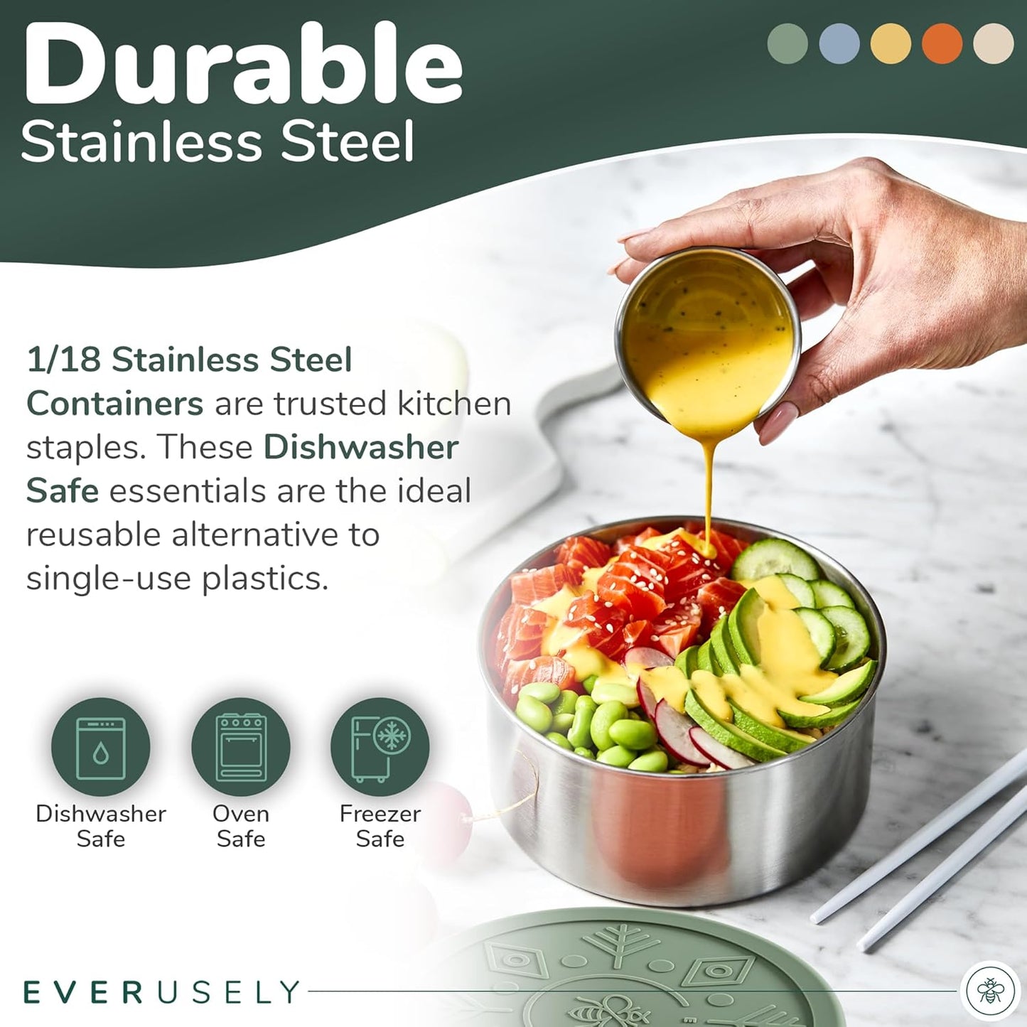 Everusely - Stainless Steel Containers with Lids - Set of 5, Muted Collection - Leakproof Stainless Steel Food Containers - Nesting Snack Holders - Metal Lunch Box - Portable & Reusable Meal Kit