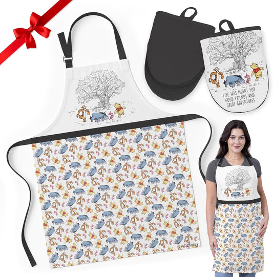 Disney Apron & Oven Mitts Set – 3 Piece Bundle with 1 Cotton Kitchen Apron for Cooking & 2 Heat Resistant Pot Holders