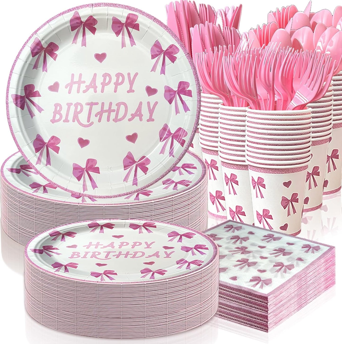 350 PCS Coquette Birthday Plates and Napkins Sets Includes Disposable Plates Dessert Plates Napkins Cups Plastic Knives Forks Spoons Disposable Dinnerware Set For Pink Bow Party (50 Guest)