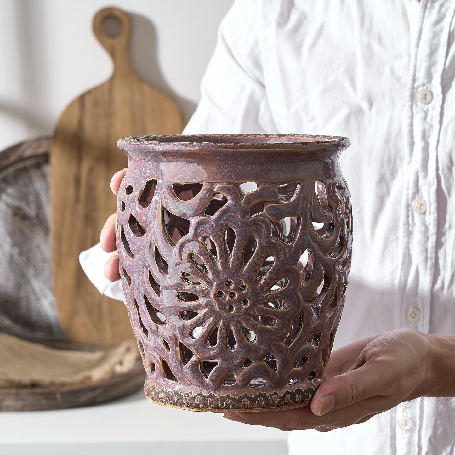 Farmhouse Kitchen Utensil Holder for Kitchen Counter, Ceramic Large Cooking Utensil Crock with Cork Mat, Decorative Rustic Utensil Organizer for Countertop, Spatula, Antique Purple