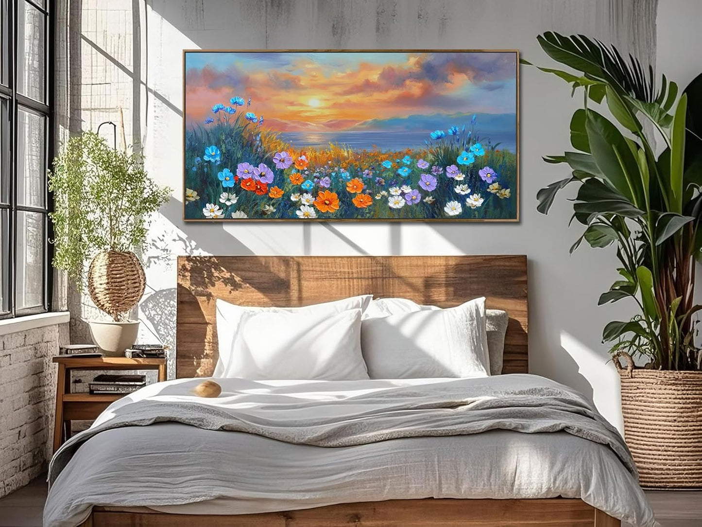 Ardemy Wildflower Wall Art for Living Room Large Framed Floral Canvas Pictures Bedroom Wall Decor Sunset Paintings Flower Textured Artwork for Walls Dining Room Home Office 40"x20"