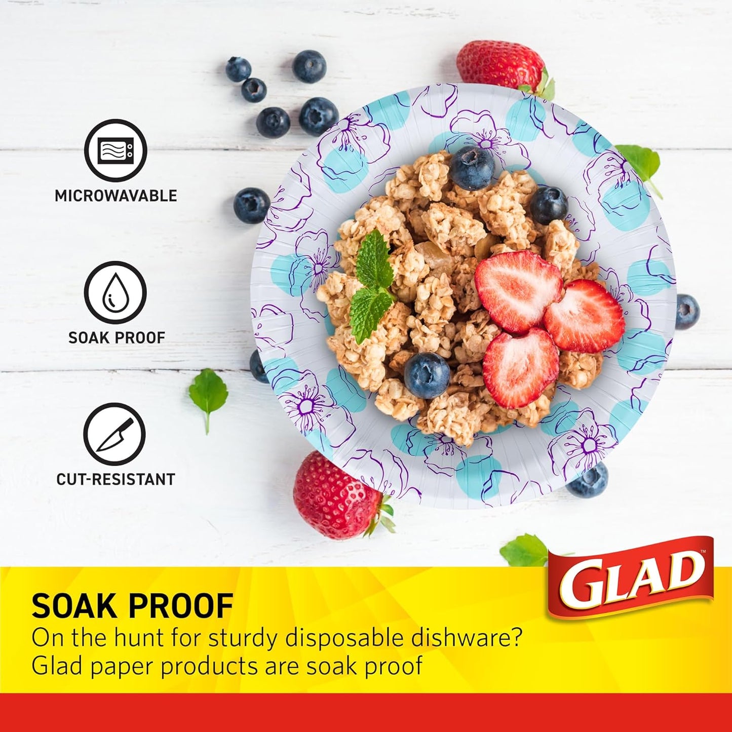 Glad Round Disposable Paper Bowls, Blue Flower Design - Heavy Duty, Soak Proof, Cut-Resistant, Microwavable Bowl for All Foods & Daily Use, 16 Oz, 50 Count