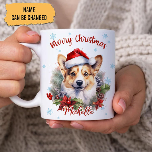 Hyturtle Personalized Gifts Dog Lover - Corgi Merry Christmas Custom Name Ceramic Coffee Mug Cup 11oz - Cute Animal Lovers Gifts For Women, Girl kids Family On Birthday, Christmas