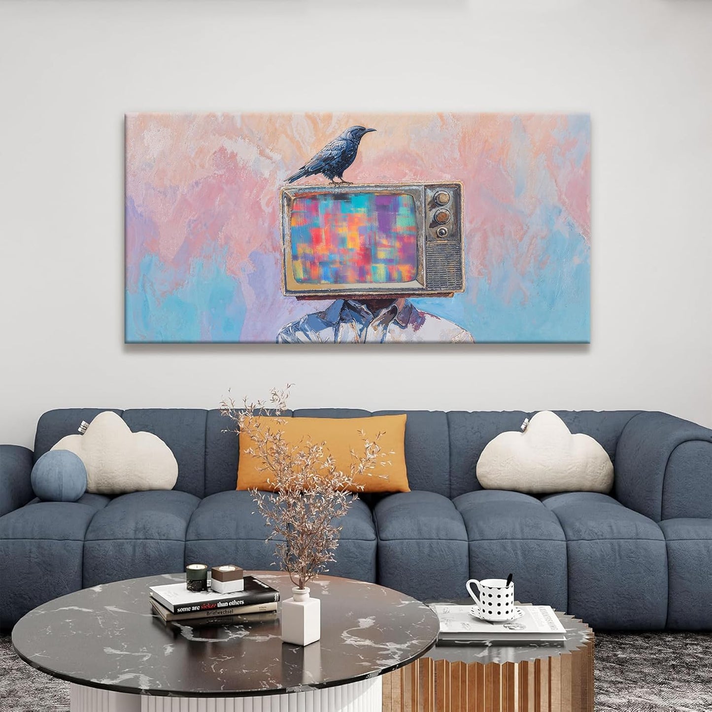 Abstract Wall Art Decor Modern Crow And Tv Head Art Prints Ready To Hang Room Wall Decor Canvas Wall Art For Living Room Bedroom Office Kitchen 24x48 Inch