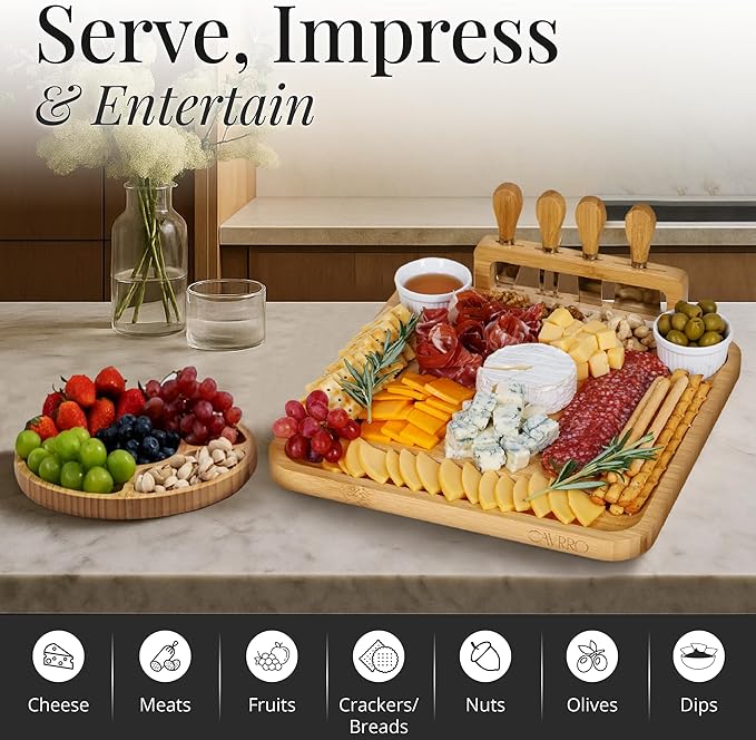 Charcuterie Board Set – Bamboo Cheese Platter with Knives, Bowls & Round Tray – Eco-Friendly Gift for Housewarming, Weddings & Parties – Wood Serving Board for Entertaining