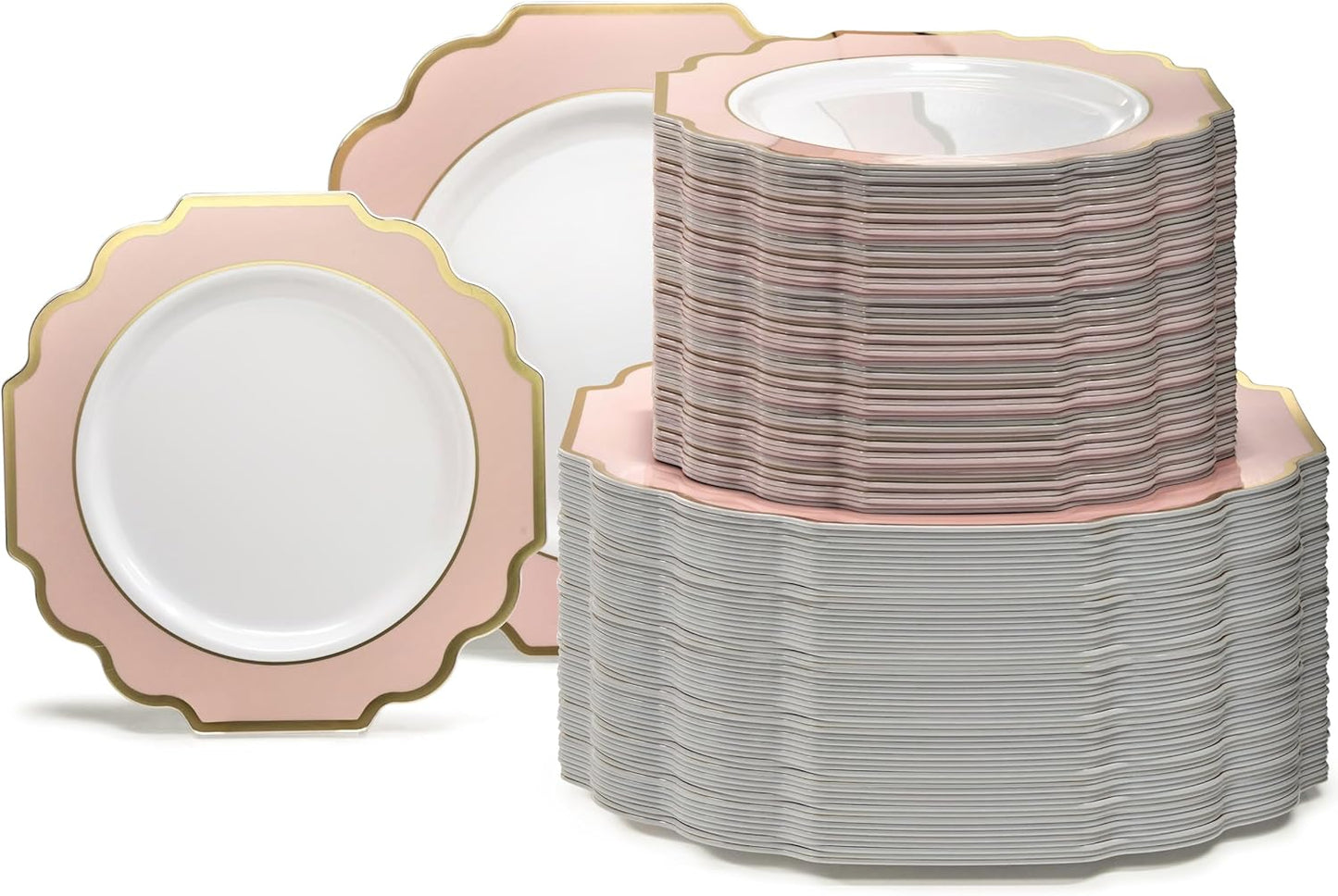 " OCCASIONS " 240 Plates Pack (120 Guests) Heavyweight Wedding Party Disposable Plastic Plates Set -120 x 10.5'' Dinner + 120 x 8'' Salad/Dessert Plate (Imperial in Blush & Gold)