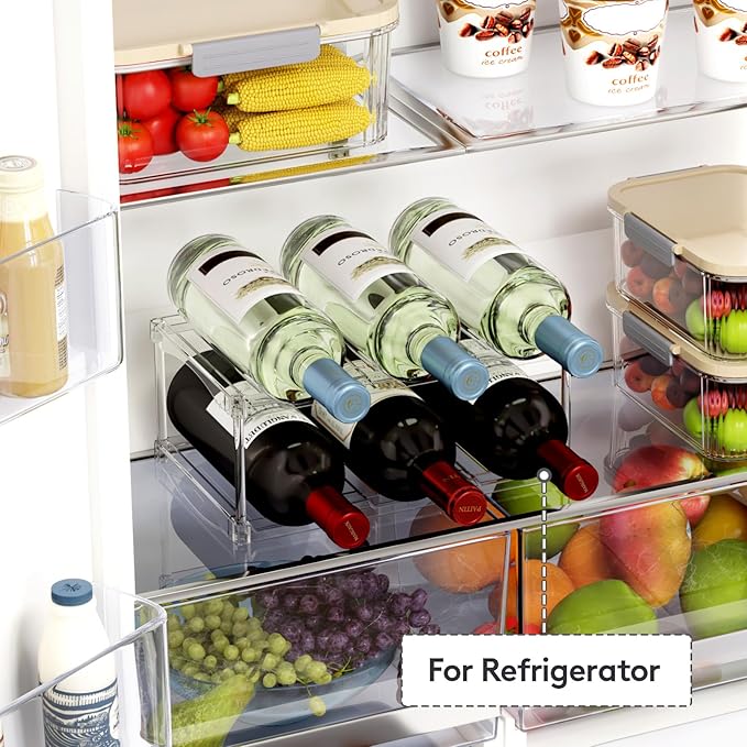 Lifewit Stackable Water Bottle Storage Organizer, Clear Freestanding Wine Bottle Holder for Cabinet, Tumbler Cup Organizer, Plastic Large Compartment Wine Rack for Fridge Cellar, 2Tier Hold 6