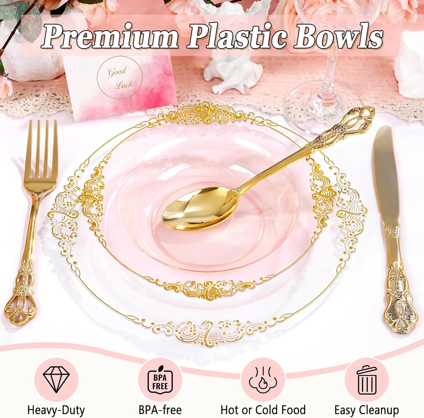 100PCS Clear Pink Plastic Bowls - 12 oz Pink Gold Disposable Salad Bowls - Heavy Duty Disposable Soup Bowl - Fancy Plastic Ice Cream Bowl for Weddings Parties Dinners Picnics