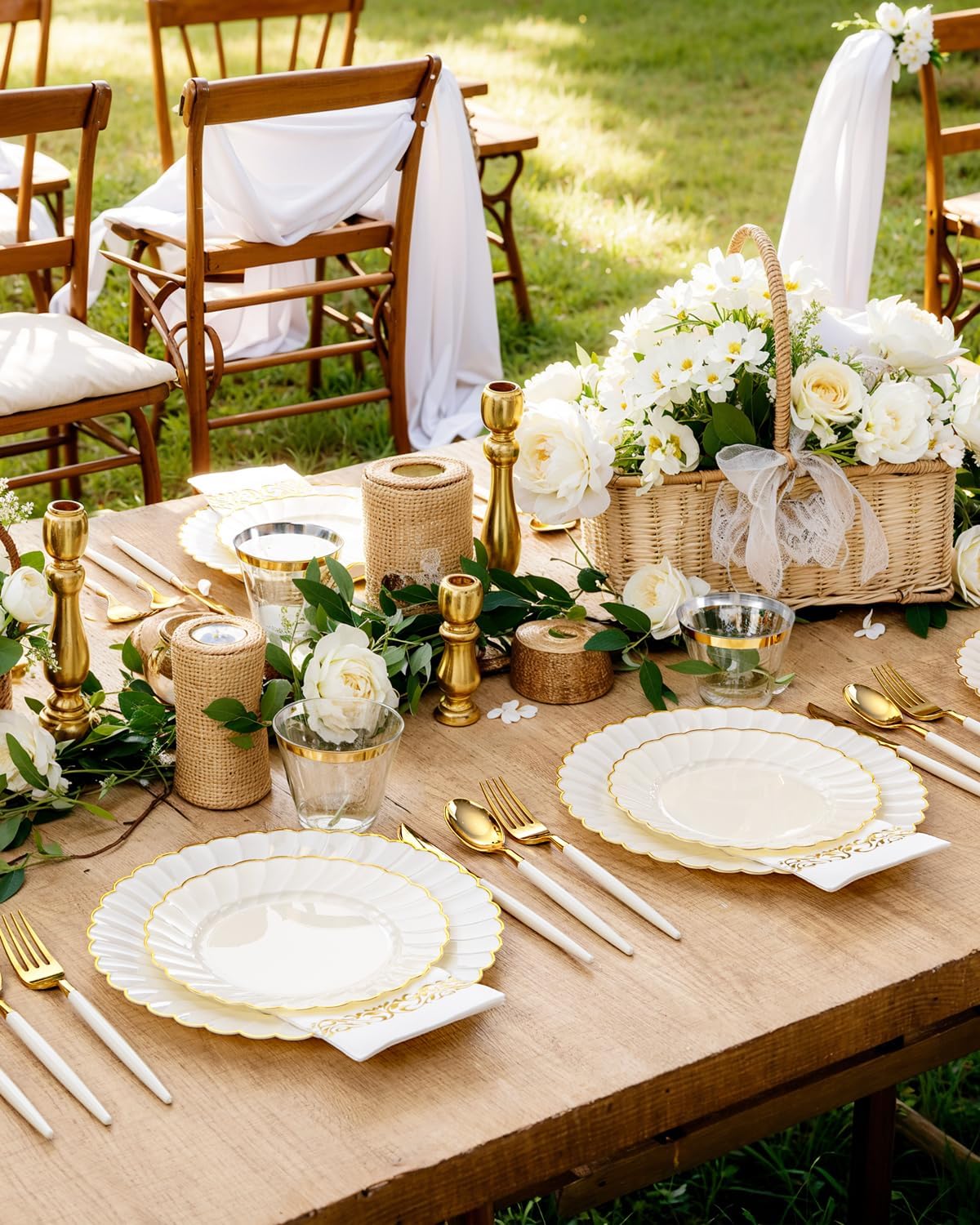 Ciaell 175 PCS Ivory Scalloped Plastic Plates with Gold Trim - Gold Plastic Silverware with Handle - Fancy High-end Dinnerware Sets for Wedding & Showers & Party & Thanksgiving (25 Guests)