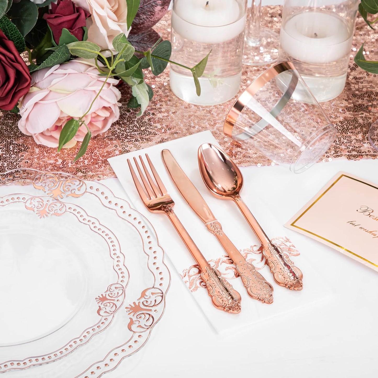Ciaell 175 PCS Rose and Gold Plastic Plates - Fancy Rose Gold Disposable Dinnerware Set with of 50 Plates, 25 Knives, 25 Forks, 25 Spoons, 25 Cups, 25 Napkins for Wedding & Party
