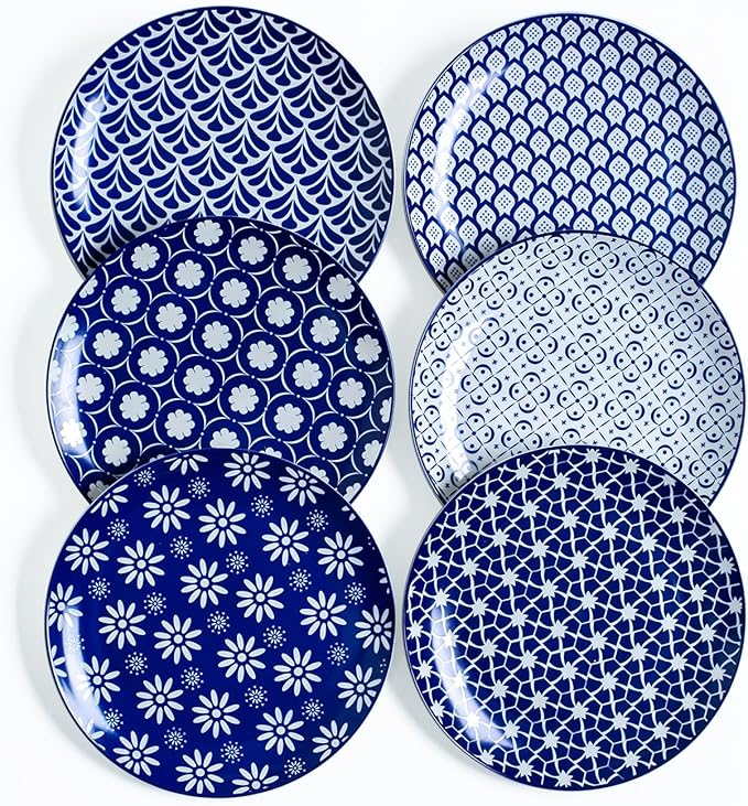 AntoKueh 10.5 inch Dinner Plates, Blue Porcelain Dessert Plate Set of 6, Large Size Ceramic Plates for Kitchen, Pizza, Pasta, Dishwasher Safe, Vintage