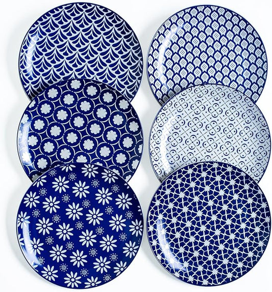 AntoKueh 10.5 inch Dinner Plates, Blue Porcelain Dessert Plate Set of 6, Large Size Ceramic Plates for Kitchen, Pizza, Pasta, Dishwasher Safe, Vintage