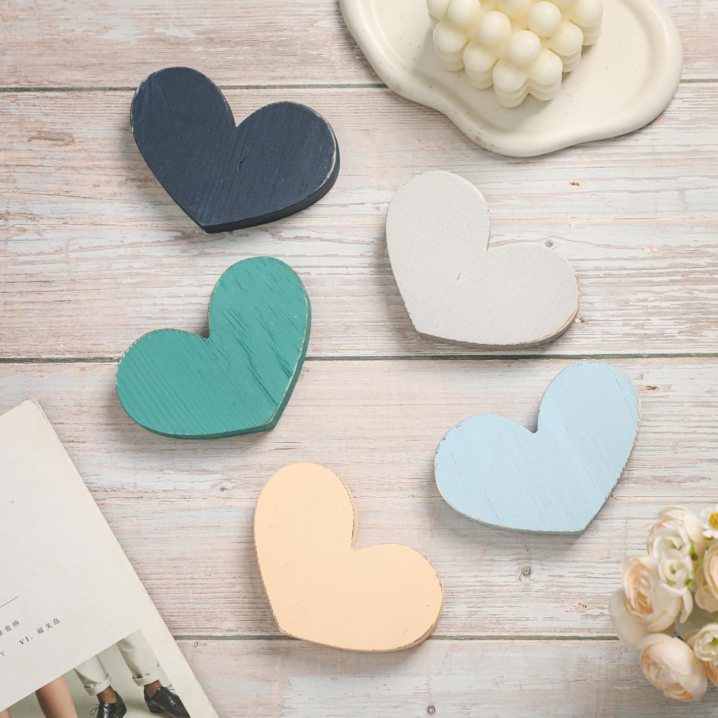 5Pcs Wood Winter Heart Christmas Tiered Tray Decor Centerpieces for Table Winter Blue Farmhouse Rustic Kitchen Decoration for Home Kitchen Valentine Heart