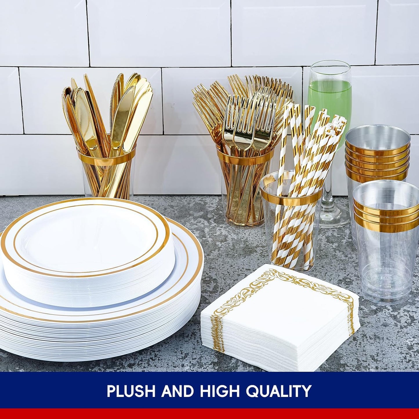 250 Count Gold Disposable Plastic Dinnerware Set, 50 Gold Plastic Plates, 25 Silverware, 25 Cups and Straws, 50 Napkins, Perfect for Wedding Party