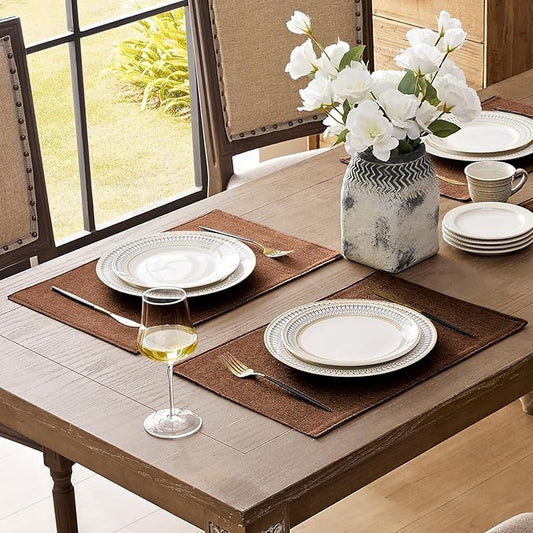 Romanstile Cloth Placemats Set of 8-12 x 18 Inch, Heat Resistant Double Layered Thickened Burlap Place Mats, Washable Linen Farmhouse Table Mats for Kitchen/Dining/Party/Outdoor, Dark Brown