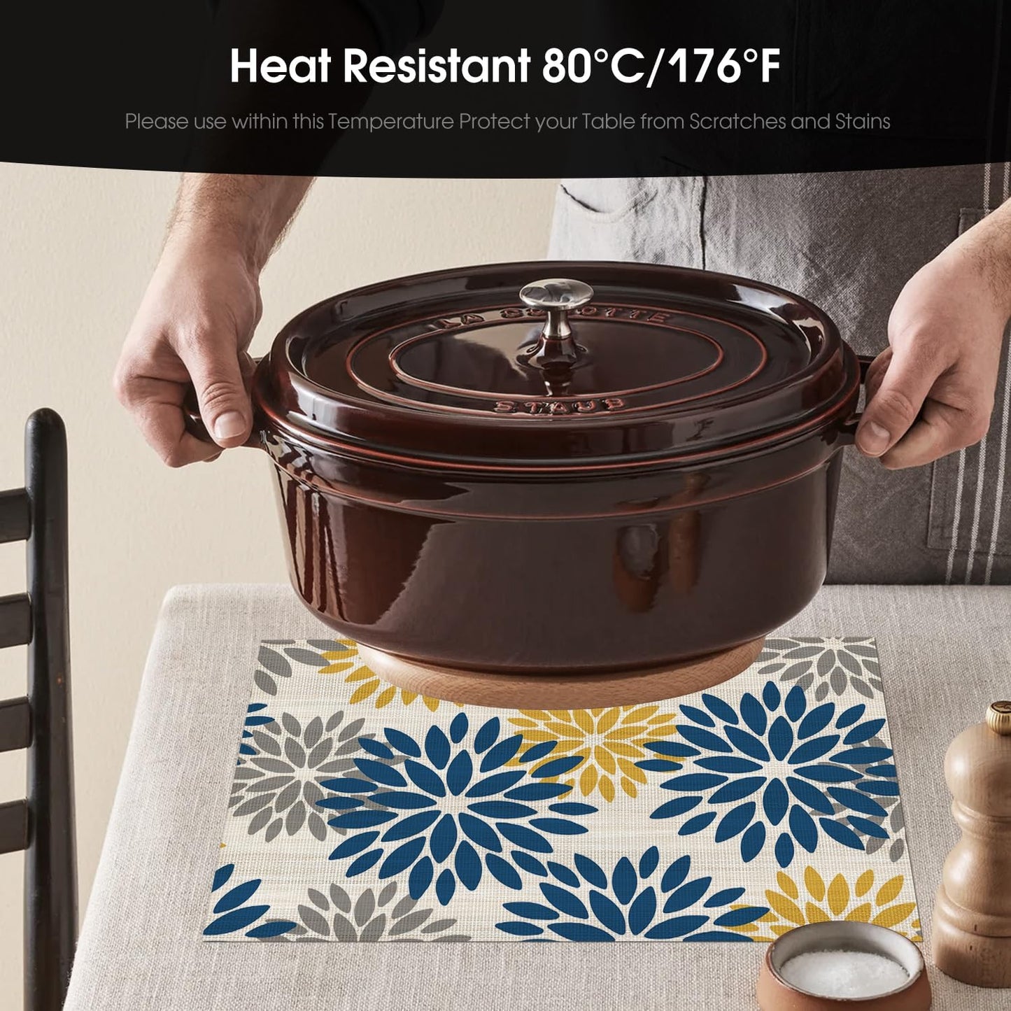 Artoid Mode Floral Vinyl Placemats Set of 6, Heat Resistant Washable Non-Slip Plistic PVC Place Mats for Party Kitchen Dining Decor, Blue Yellow