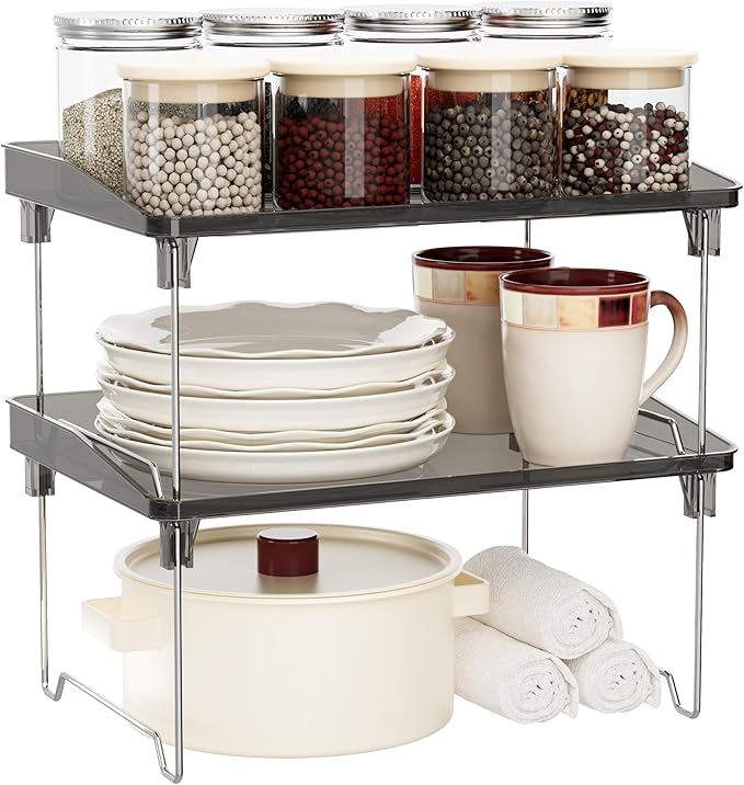 2 Pcs Cabinet Organizer Shelf，Stackable Kitchen Counter Shelves, Spice Rack,Countertop Organizers，Black Plastic Storage Shelves Rack for Makeup，Bathroom, Cupboard，Desk，Pantry Organization