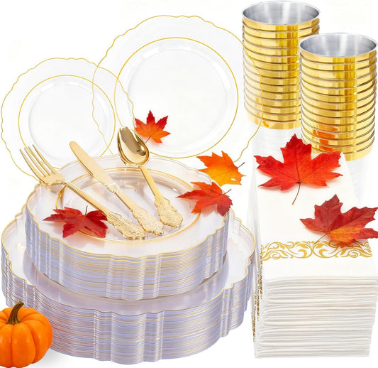 KIRE 210Pcs Clear and Gold Plastic Plates - Heavy Duty Clear Plates with Gold Rim - Disposable Dinnerware Sets of 60 Plastic Plate 90 Silverware 30 Cups 30 Napkins for Wedding/Thanksgiving Parties