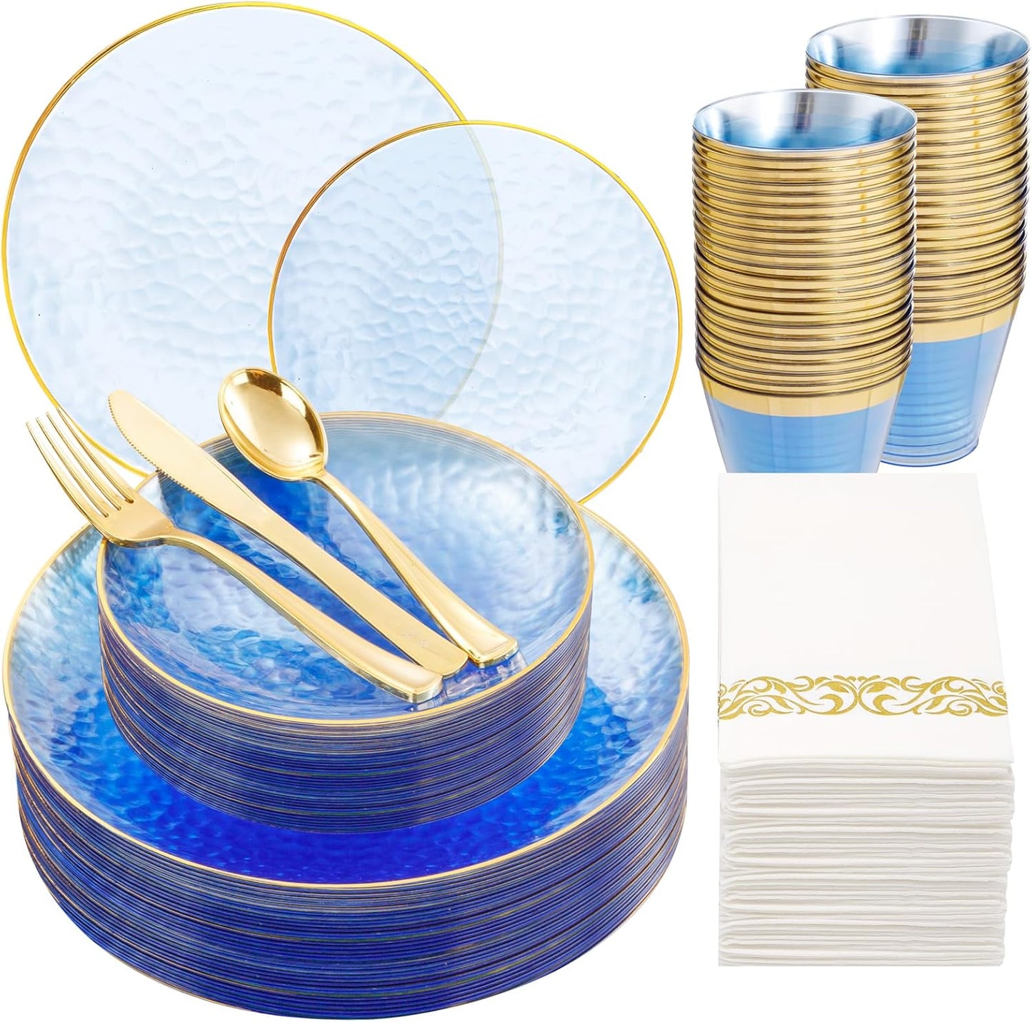 DaYammi 175PCS Clear Blue Gold Plastic Dinnerware Set for 25 Guests, Hammered Disposable Plates for Party, Include: 25 Dinner Plates, 25 Dessert Plates, 75 Gold Silverware, 25 Napkins, 25 Cups