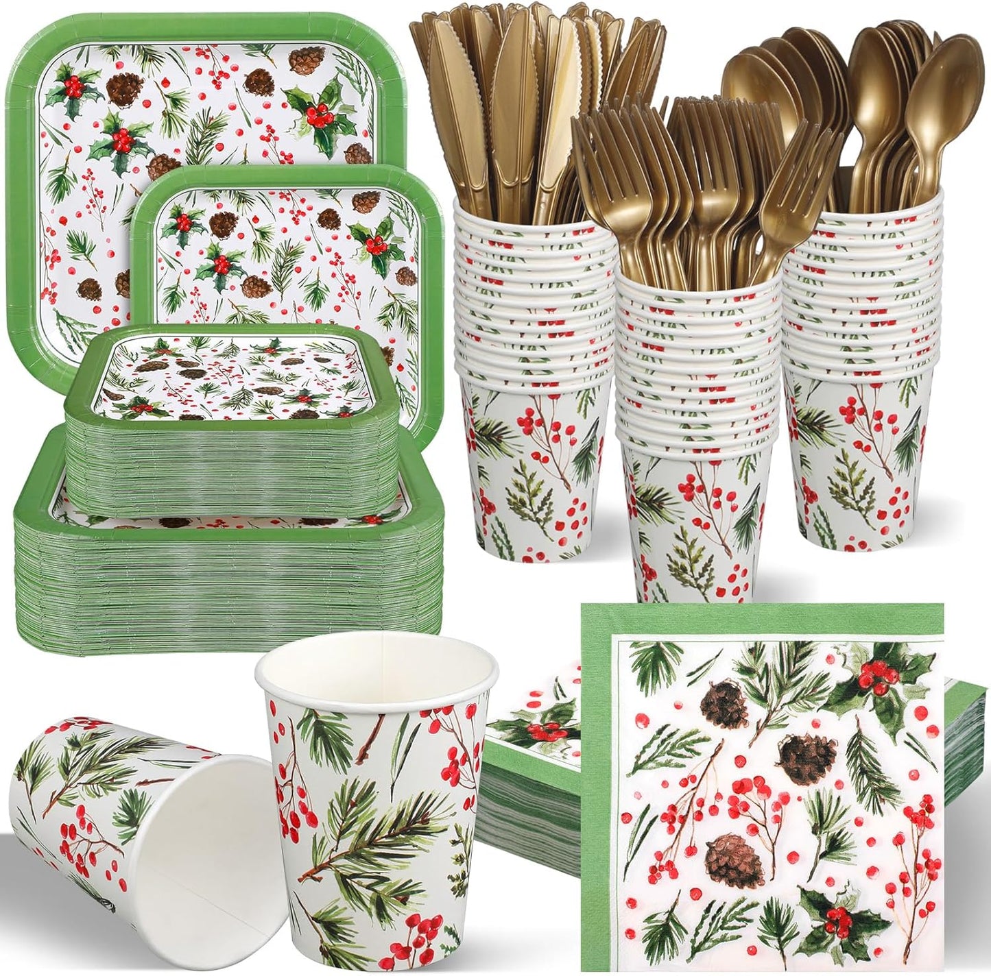 350 Pcs Paper Plates and Napkins Set Disposable Dinnerware Party Supplies Tableware Serve 50 Guest Cups Knife Forks Spoon(Green,Pine Cones)