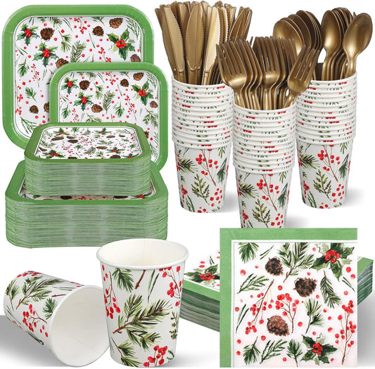 350 Pcs Paper Plates and Napkins Set Disposable Dinnerware Party Supplies Tableware Serve 50 Guest Cups Knife Forks Spoon(Green,Pine Cones)