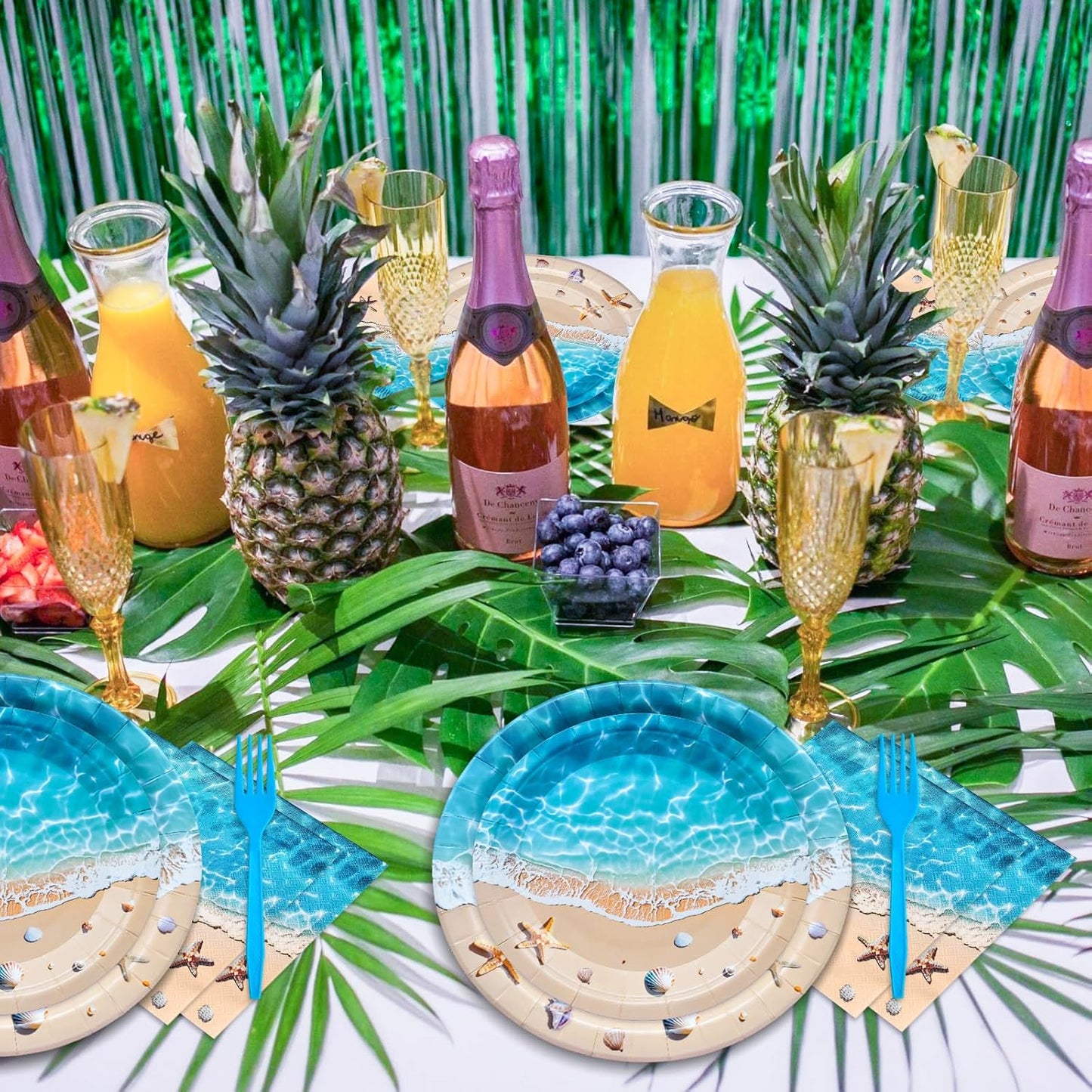 100 Pcs Summer Beach Tableware Party Supplies - Disposable Ocean Waves Hawaiian Dinnerware Set with Plates, Napkins, and Forks for Beach Theme, Luau, Tropical Pool Party Decorations - Serves 25