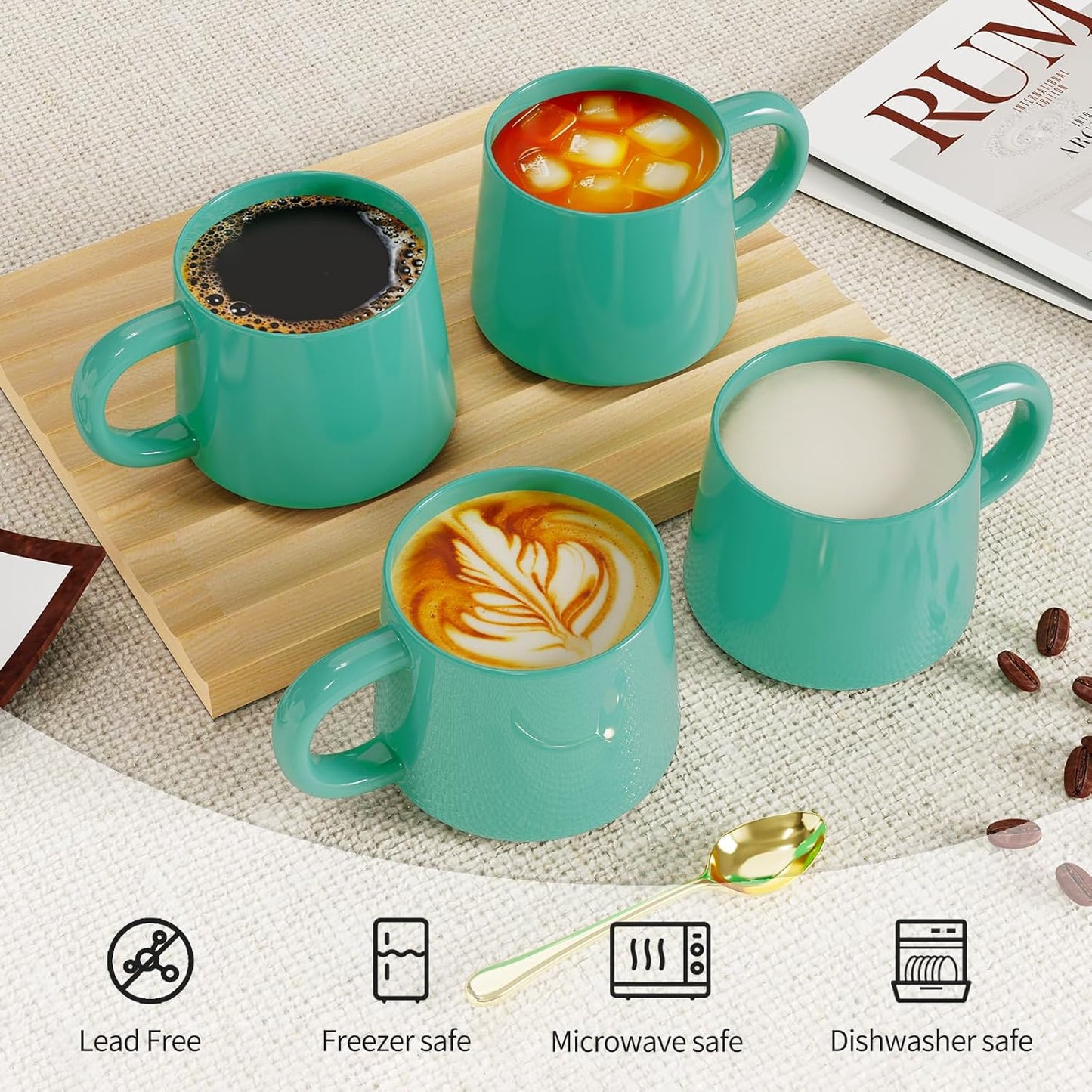 12 oz Coffee Mugs Set of 4, Modern Stackable Coffee Cups Set for Latte, Hot Tea, Cappuccino, Ceramic Coffee Mug Tea Cup, Dishwasher & Microwave Safe, Housewarming Wedding Present (Turquoise)