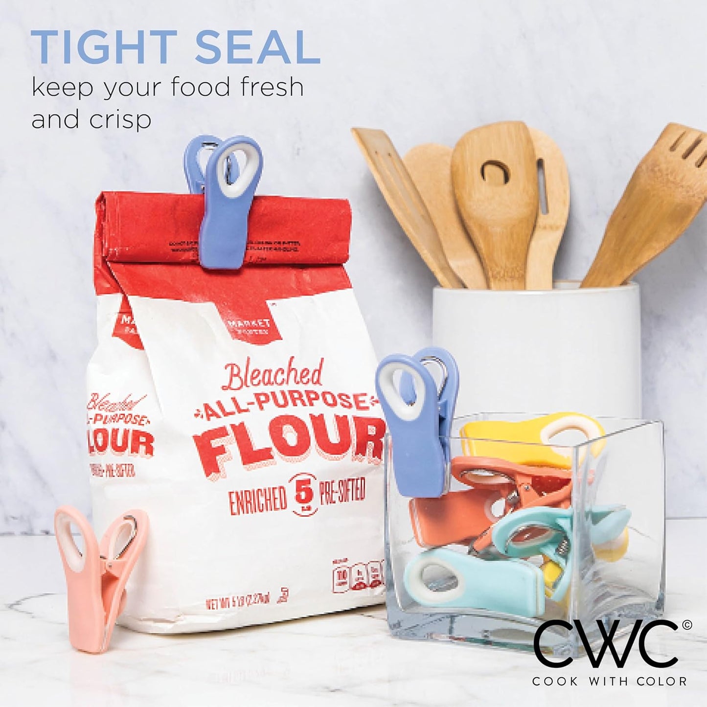 COOK WITH COLOR Bag Clips with Magnet- Food, Chip and Bag Clips for Food Storage with Airtight Seal Grip for Bread Bags, Snack Bags and Food Bags (Bright Colors, Pack of 20)