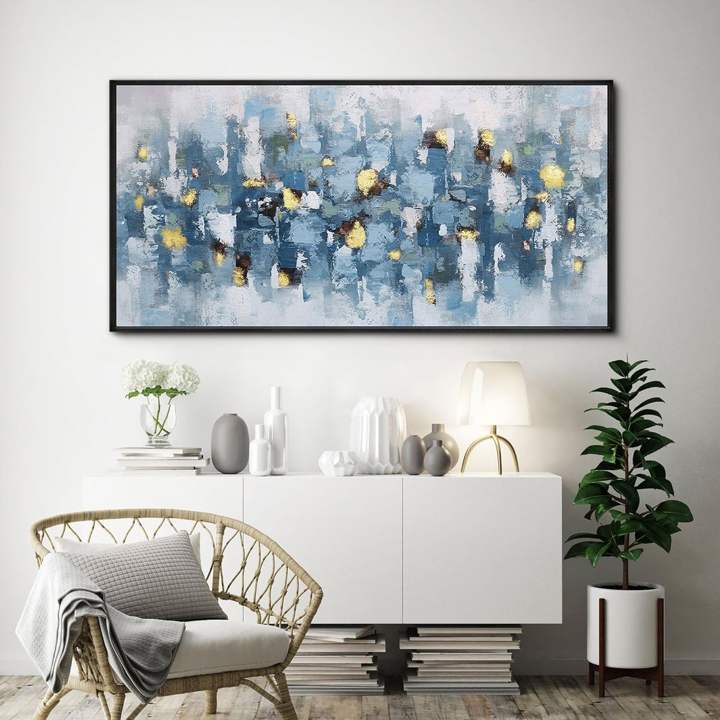KLAKLA Blue and White Abstract Wall Art - Living Room Wall Decor Gold Picture Artwork for Walls Prints Paintings Framed Canvas Bedroom Office Guest Room Home Decoration 48x24 Inches