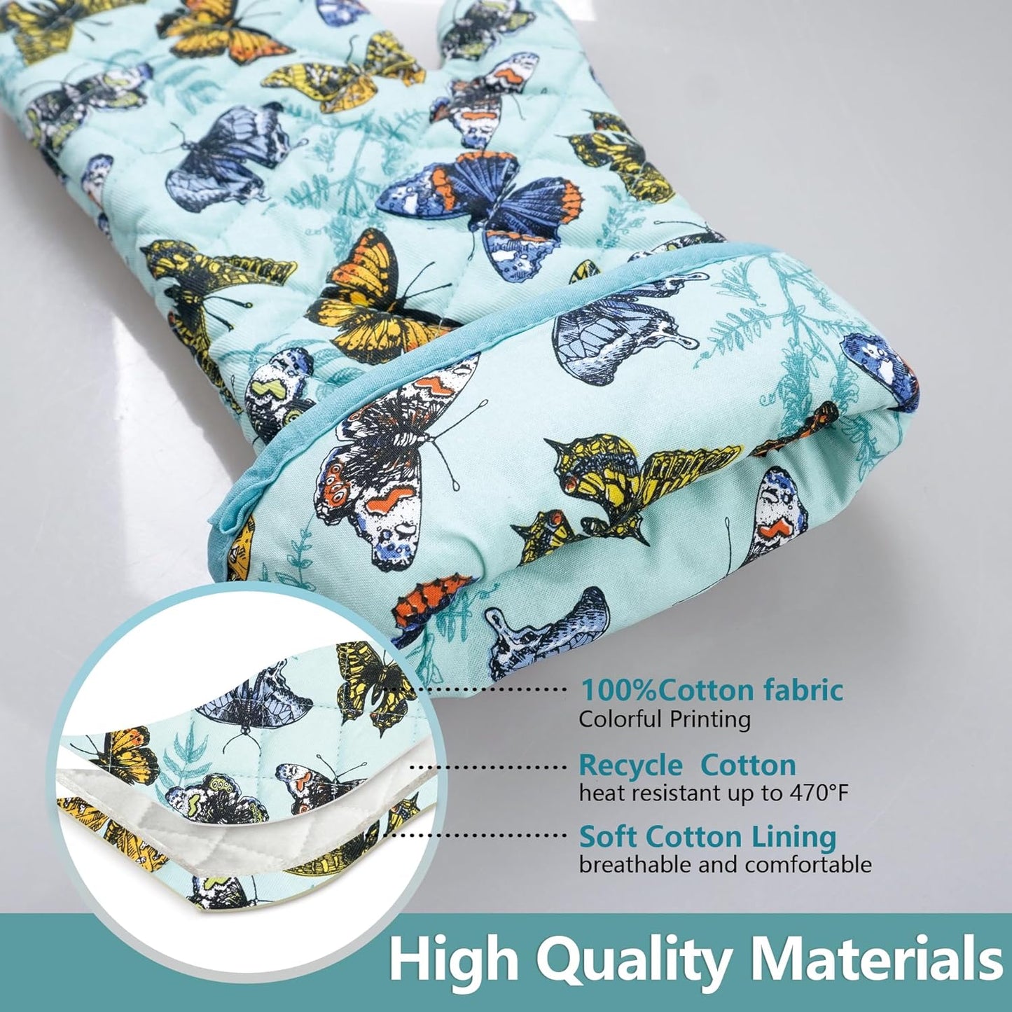 Oven Mitts Cotton Fashion Cute Butterfly Design 1pair Heat Resistant Oven Gloves Safe Cooking Baking Grilling Barbecue Machine Washable Pot Holders (Butterfly)