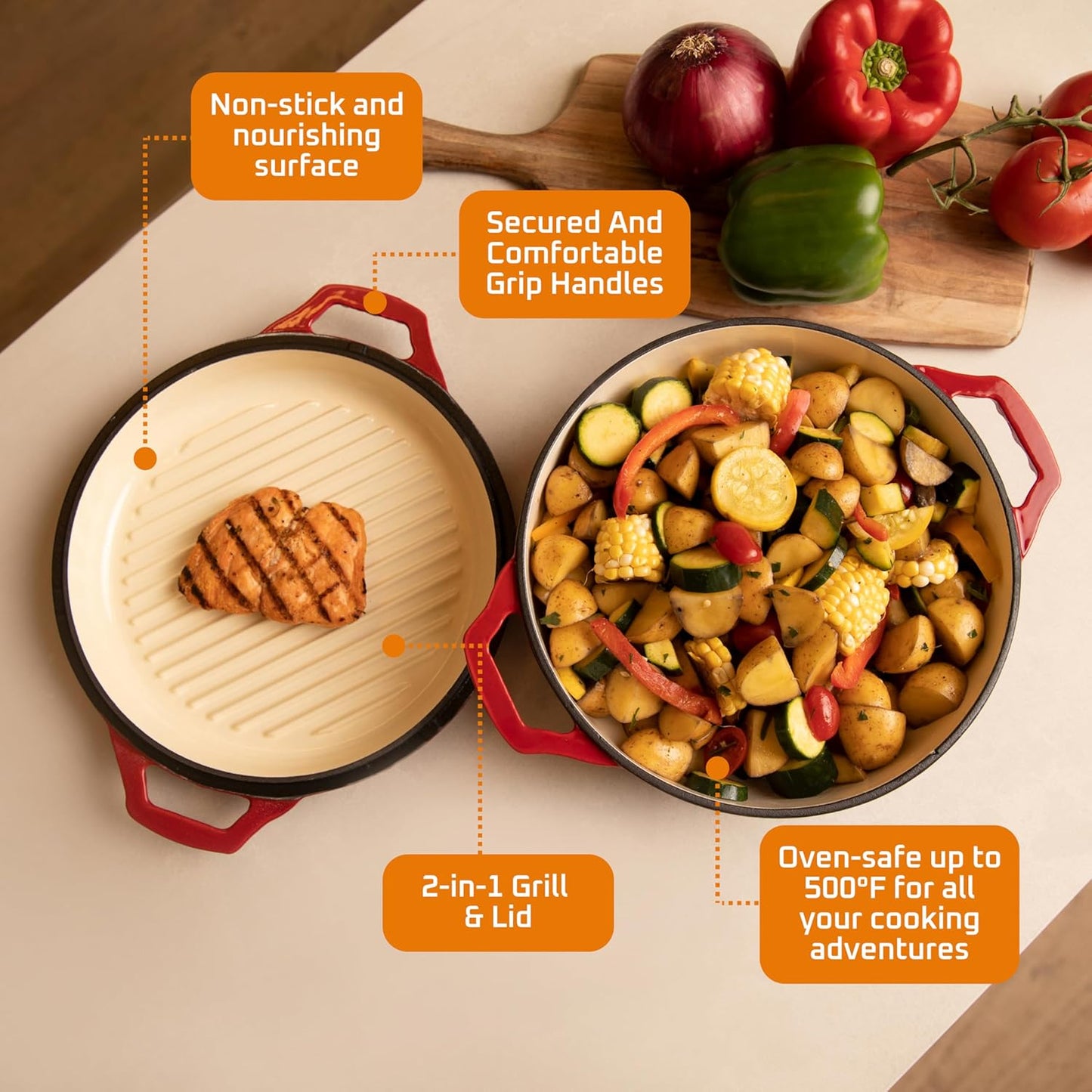 Bruntmor 2-in-1 Pre-Seasoned Cast Iron Pan |Cocotte Double Braiser Pan with Grill Lid 3.3 Quarts - Barbecue Grill Non Stick Frying Pan - Nonstick Cookware Set with Wide Handle (Red)