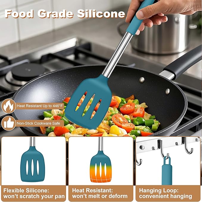 LIANYU Silicone Kitchen Cooking Utensils Set, 6Pcs Heat Resistant Kitchen Tools Spatula for Nonstick Cookware, Slotted Turner, Spoon, Soup Ladle, Pasta Server, Skimmer, Tongs, Blue