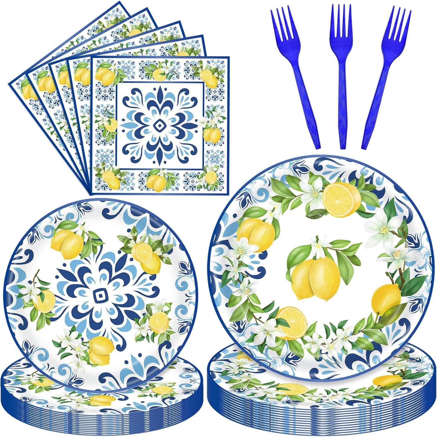 100 Pcs Lemon Tableware Party Supplies – Citrus Theme Blue Tile Disposable Plates, Napkins, and Blue Forks for Summer Parties, Picnics, BBQ, Brunch, Weddings, Birthdays, and Baby Showers – Serves 25