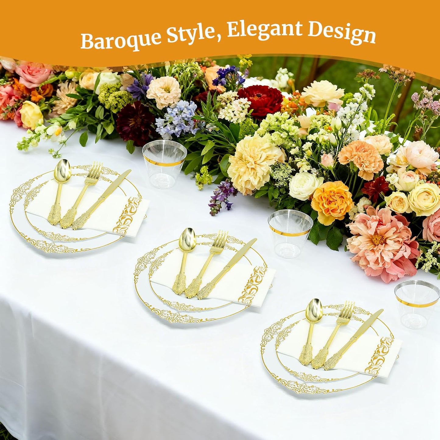 AIRE 350PCS Gold Plastic Plates for Party Supplies Dinnerware Sets for 50 Guests, Vintage Disposable Plastic Party Plates Cups Spoons Forks Knives Napkins for Wedding Birthday Christmas BBQ Parties