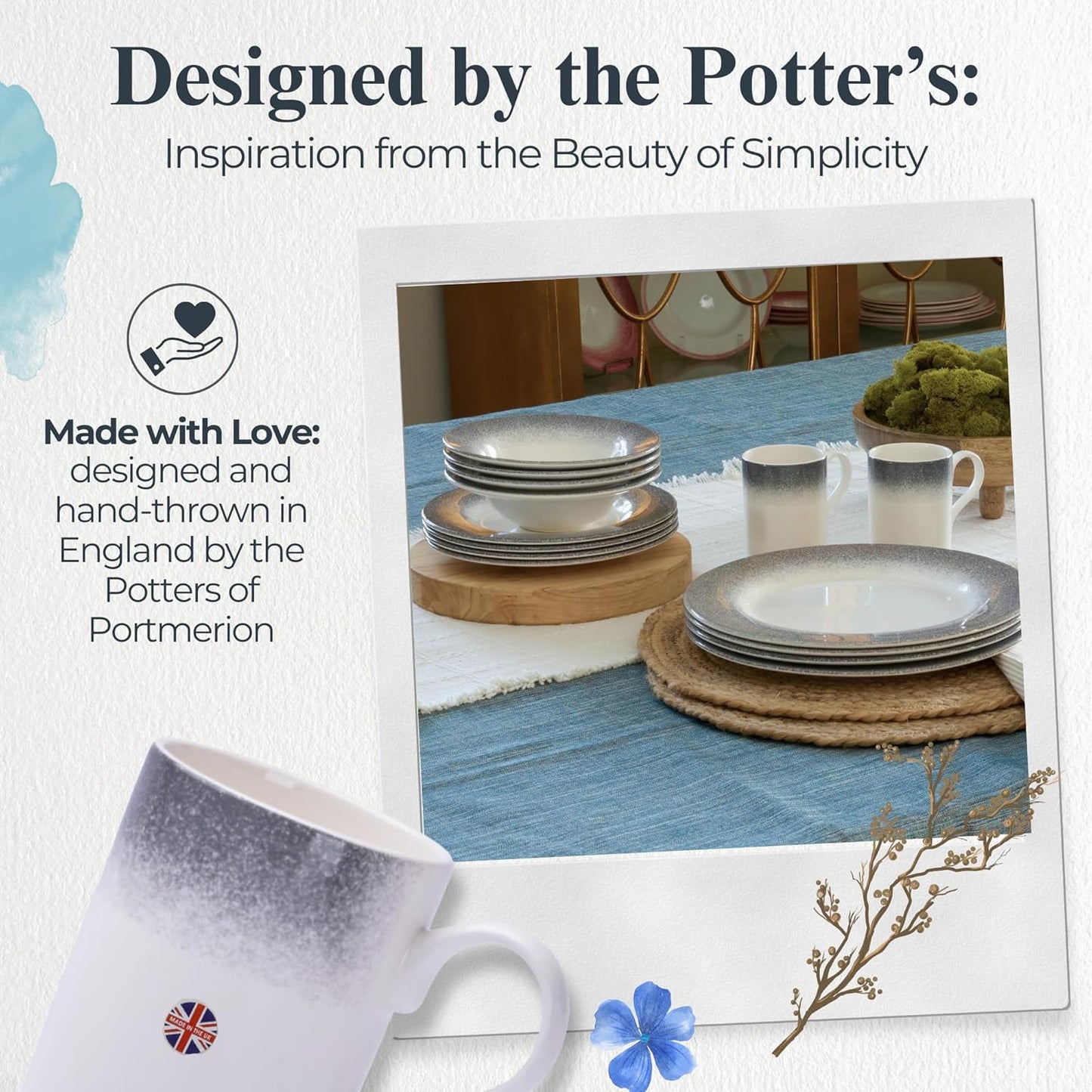 Portmeirion Potter's Mist Breakfast Mug (Set of 4) - 9oz White Ceramic Mugs with Grey Mist Pattern - Microwave, Dishwasher, Freezer Safe Earthenware Mugs for Tea & Coffee Lovers (Grey)