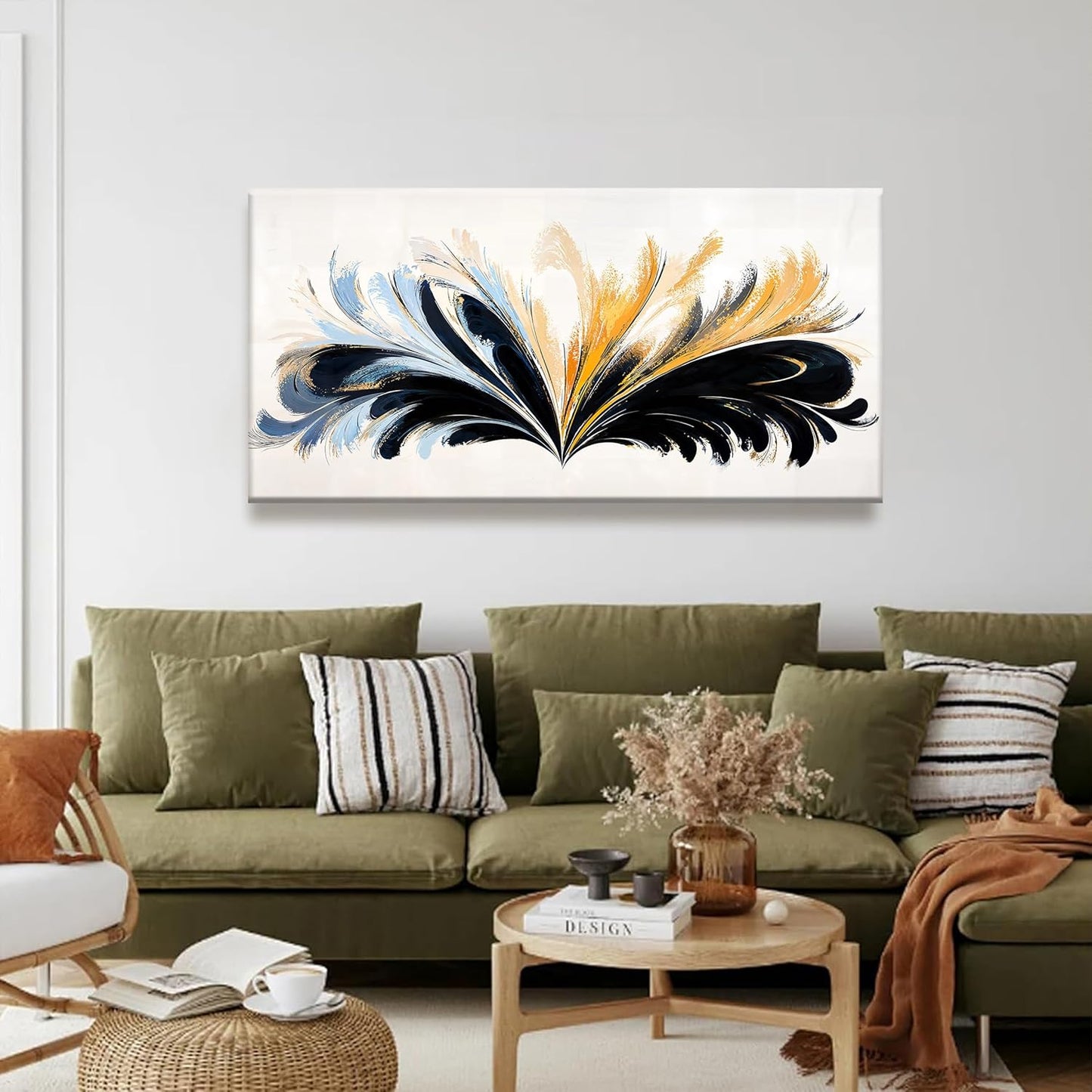 QSQ Black And Gold Abstract Wall Art Print Painting Canvas Art Wall Decor Artwork Abstract Blue Feather Wall Decor Pictures For Bedroom Kitchen Office Artwork 20 X 40 Inch Ready To Hang