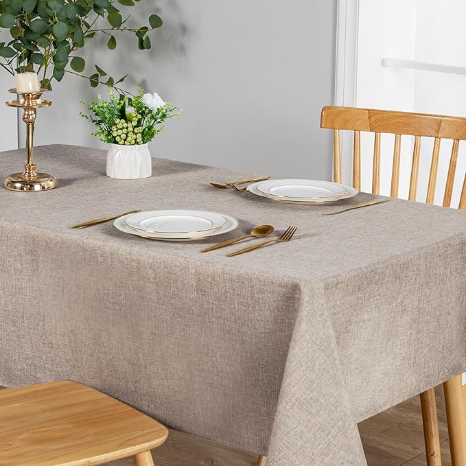 JIUZHEN 2 Pack Faux Linen Farmhouse Tablecloth Rectangular, Wrinkle Stain Resistant Table Cloth Rectangle Table Cover for Kitchen Dining, Stone, 54 x 80 Inch