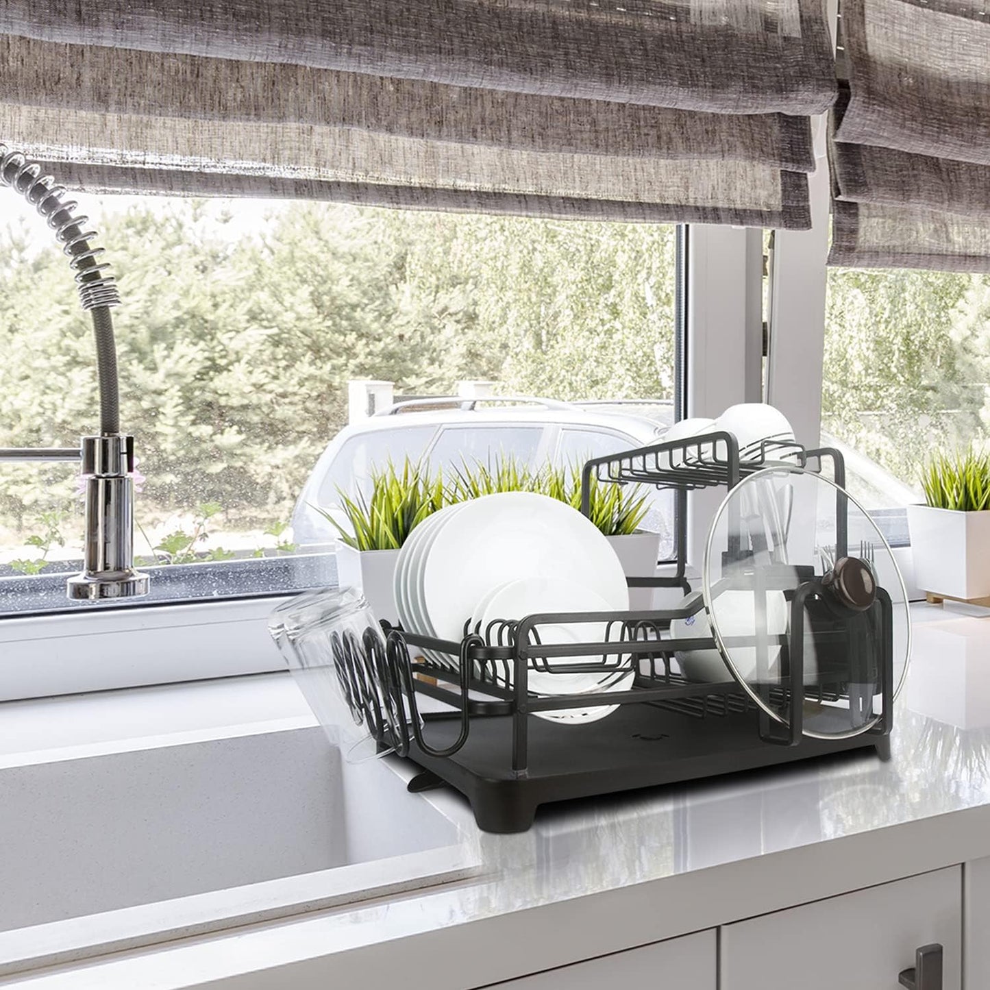 Evelyne GMT-10353-A Black Aluminum Dish Drying Rack with Utensil Holder - 2 Tier Kitchen Countertop Rust Proof Dish Rack and Drainboard Set - Large Dish Organizer Rack