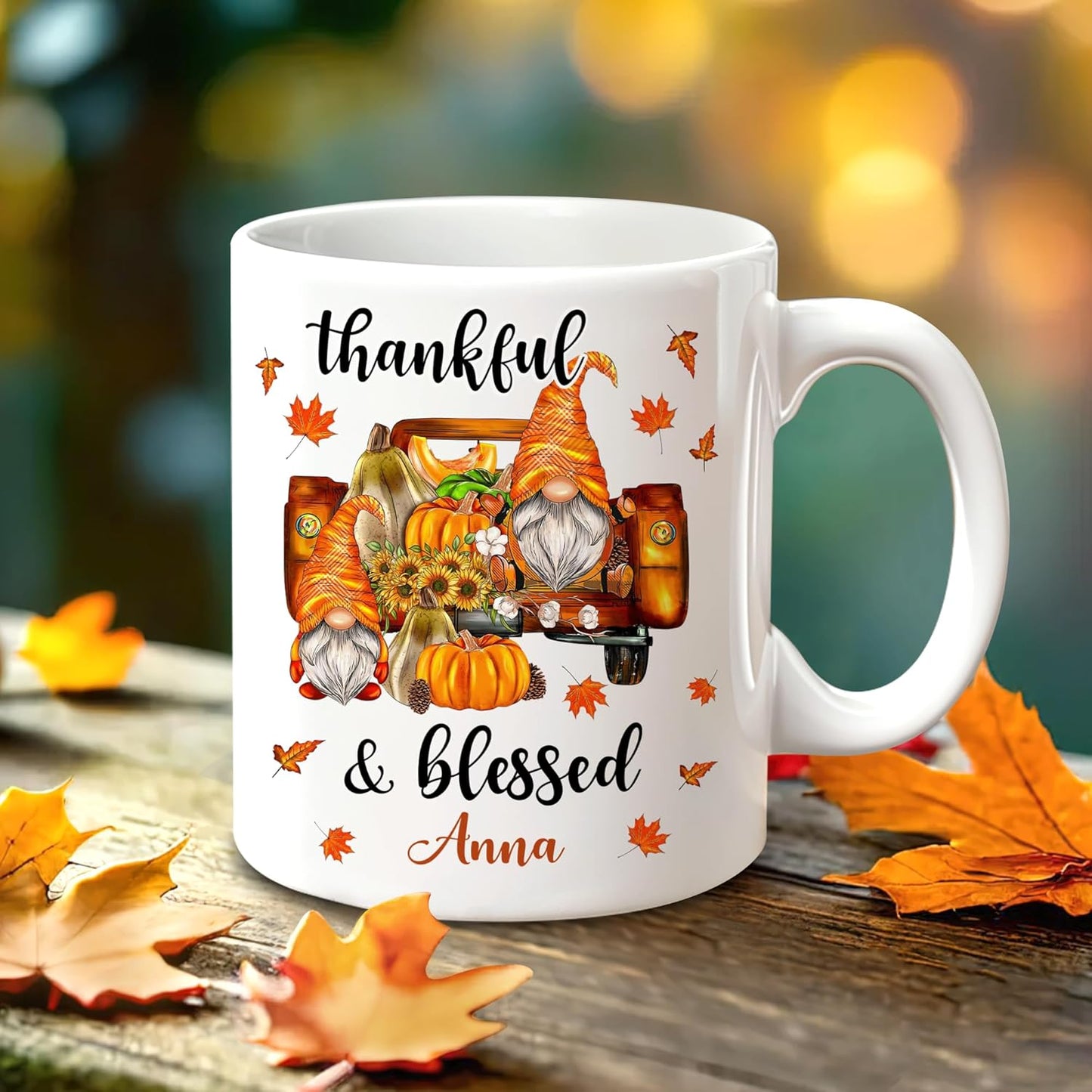 Hyturtle Personalized Fall Gnome Mug Gifts - Thankful And Blessed - Custom Name Coffee Cup Ceramic Mug 11oz 15oz - Gnome Gift For Women - Autumn Gifts - Fall Thanksgiving Decor Gift - Birthday