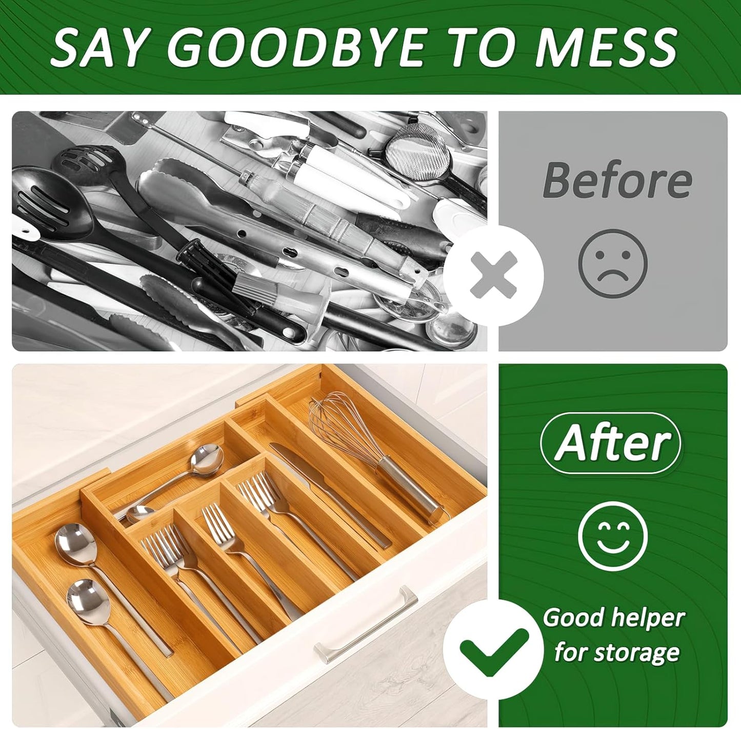 Silverware Drawer Organizer, Expandable Bamboo with Adjustable Utensil Cutlery Holder, Kitchen Flatware Organizer