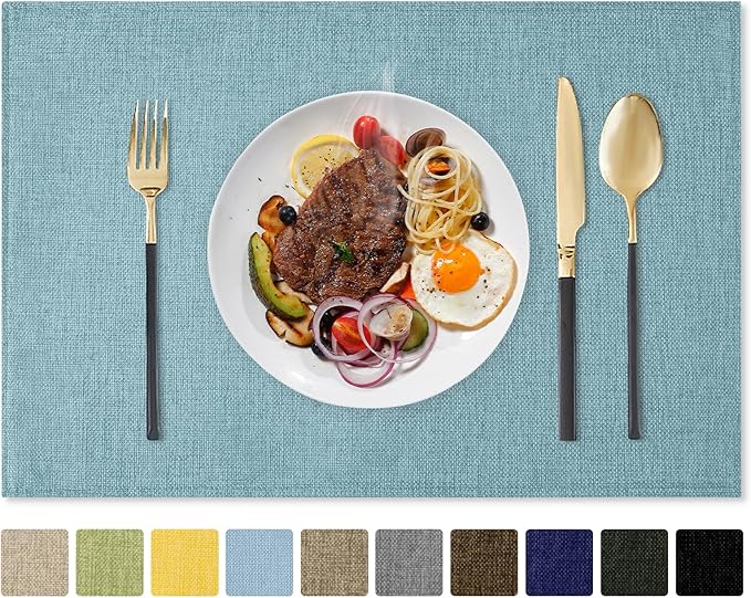 Romanstile Cloth Placemats Set of 4-12 x 18 Inch, Heat Resistant Double Layered Thickened Burlap Place Mats, Washable Linen Farmhouse Table Mats for Kitchen/Dining/Party/Outdoor, Teal