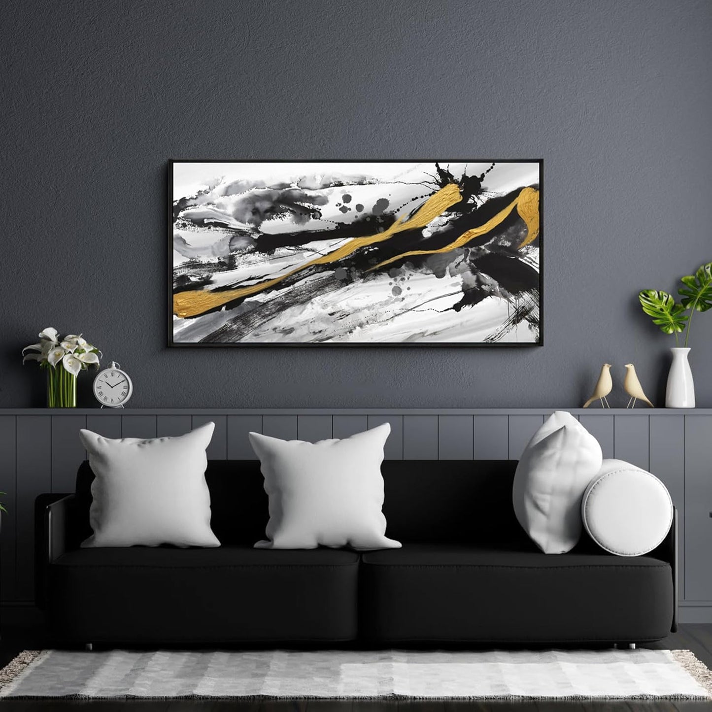XLSJERST Black and White Abstract Wall Art - Large Frame Canvas Wall Art for Living Room Bedroom Modern Gold Ink Painting Style Picture Artwork for Wall Decor Size 20x40 Inches