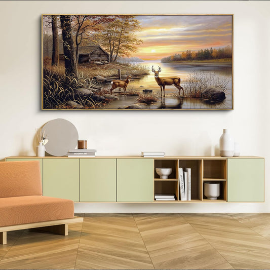 yiijeah Deer Pictures Wall Decor - Autumn Rustic Forest Cabin Painting Prints Wildlife Pictures Animal Elk Poster Large Canvas Wall Art Modern Hunting Decor Framed Artwork for Walls