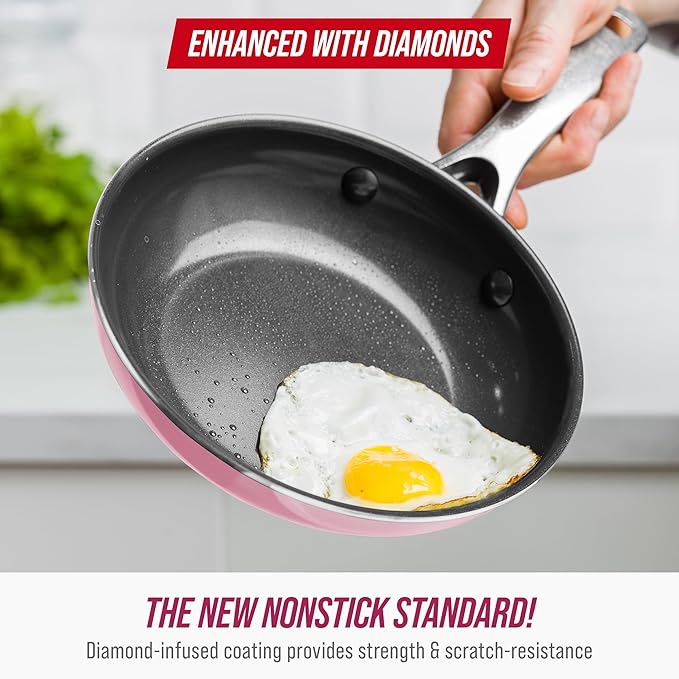 Blue Diamond 8" Nonstick Frying Pan Skillet, Ceramic Diamond Infused PFAS-Free, Dishwasher & Oven Safe, Stay Cool Handle, Durable Non Toxic Metal Utensil Safe, Egg & Omelet Pan, Pink