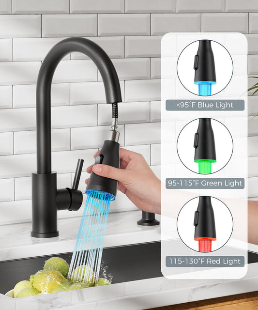 FORIOUS LED Kitchen Faucet with Soap Dispenser and Pull Down Sprayer, Matte Black High Arc Single Handle 3 Modes Stainless Steel Bar Faucet for Kitchen Sink RV Laundry Camper