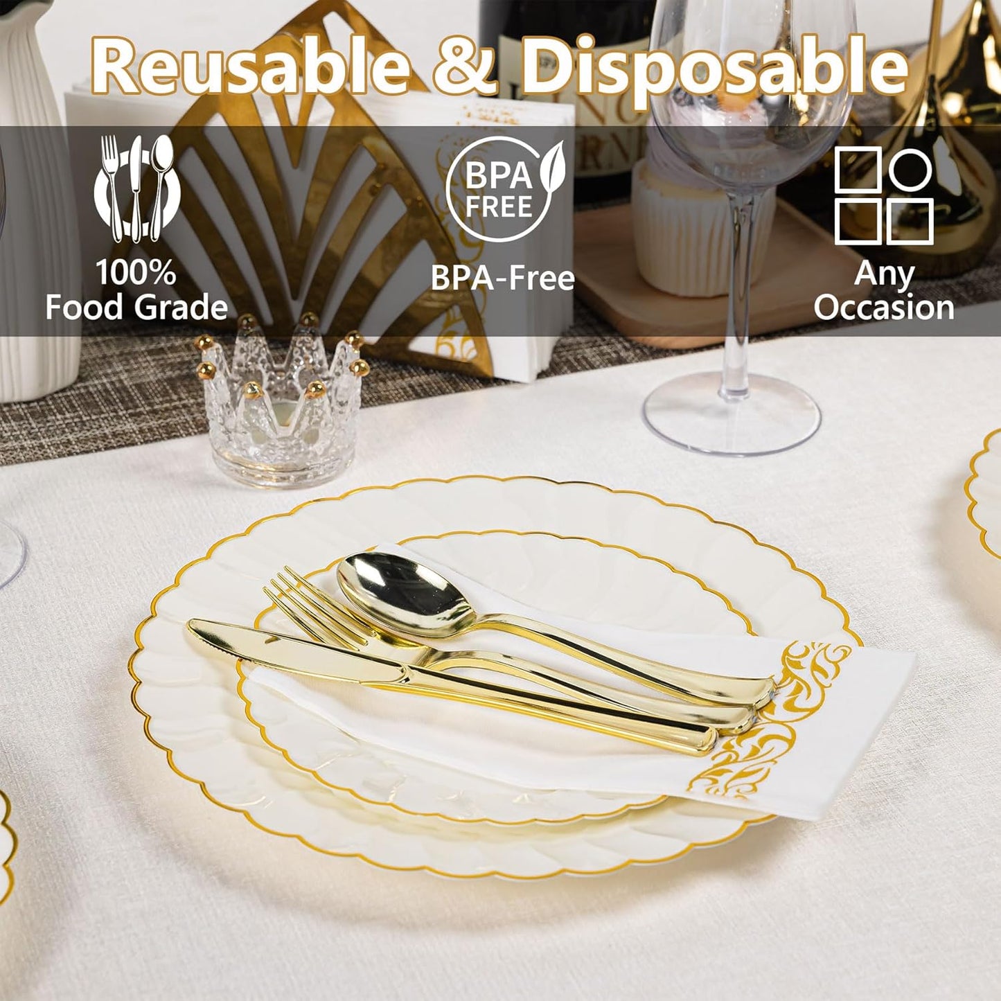 Lullaby 140PCS Elegant Disposable Dinnerware Set – 40 Ivory Scalloped Gold-Trim Plates (20 Dinner, 20 Dessert), 40 Forks, 20 Spoons, 20 Knives & 20 Napkins – Fancy Plastic Plates for 20 Guests