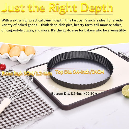 9 Inch Tart Pan with Removable Bottom, Carbon Steel Heavy Duty Nonstick Quiche Pan- Fluted Edges, Loose Bottom, 1.2-Inch Depth for Baking Fruit Tarts, Pies