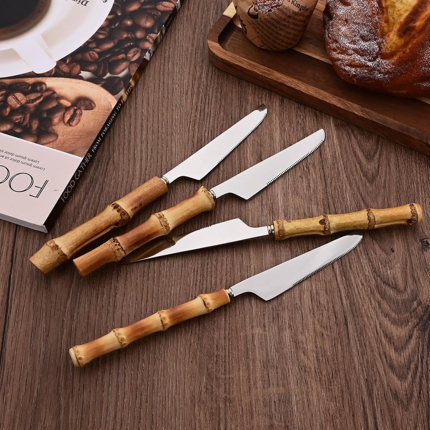 Dinner Knife Set with Bamboo Handle, 8-Piece Stainless Steel Shiny Silver Dinner Knives, Creative Design Table Knives for Home Restaurant, 8.74 inch, Handcrafted
