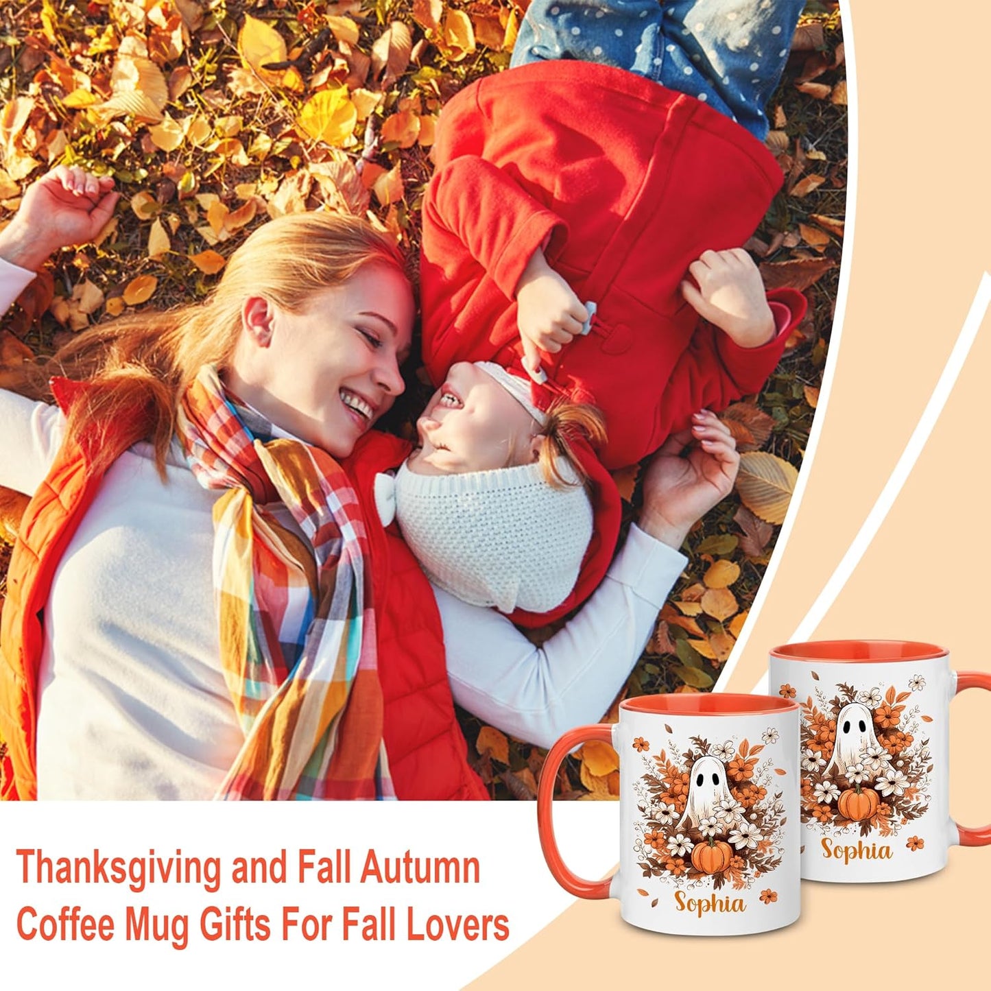 Hyturtle Personalized Fall Halloween Mug Gifts - Spooky Ghost - Custom Name Coffee Cup Ceramic Mug 11oz 15oz - Autumn Gifts For Her - Fall Thanksgiving Decor Gift