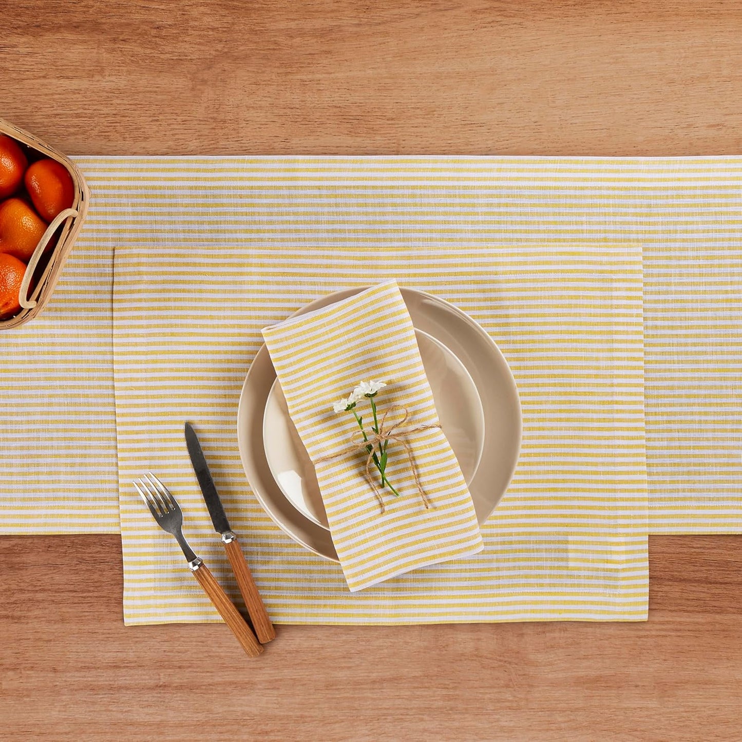 Solino Home Linen Table Runner 132 Inches Long - Narrow Stripe, 100% Pure Linen Spicy Mustard and White Table Runner 14 x 132 Inch for Dining